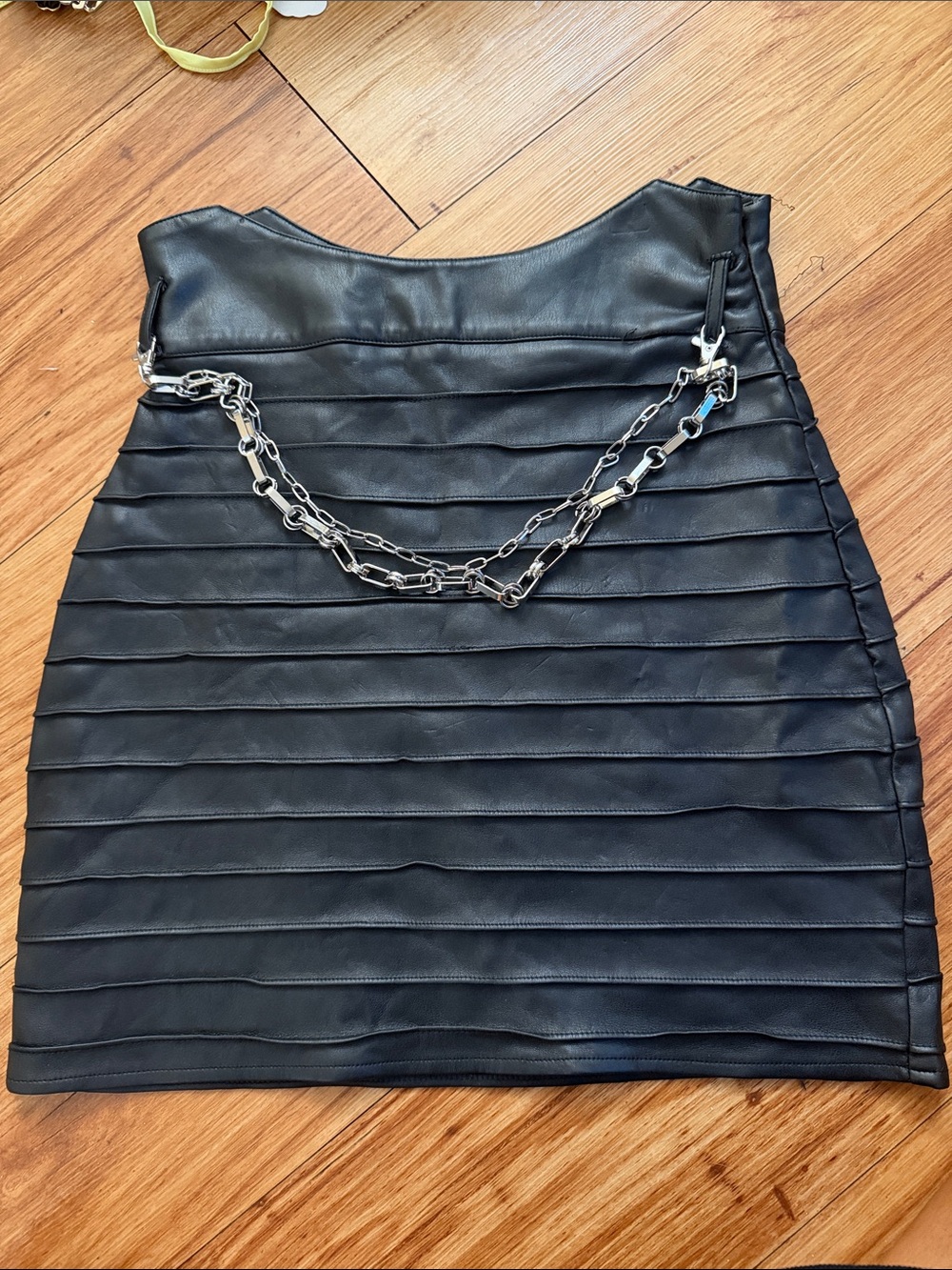 Maniere De Voir Black Faux Leather Bandage Mini Skirt with Silver Chain